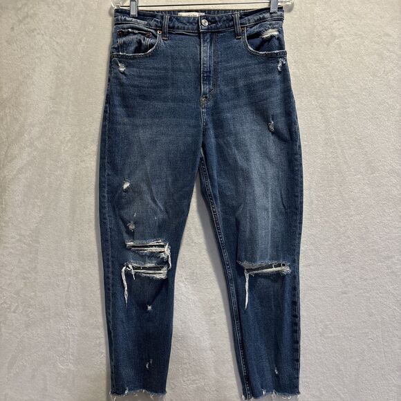 Abercrombie & Fitch The Mom High Rise Jeans Distressed Blue Denim Size 8 Stretch - Picture 1 of 12